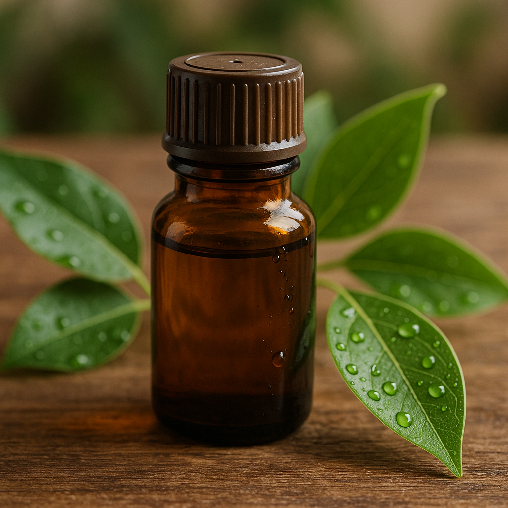 Fläschchen ätherisches Ravintsara-Öl mit frischen Blättern