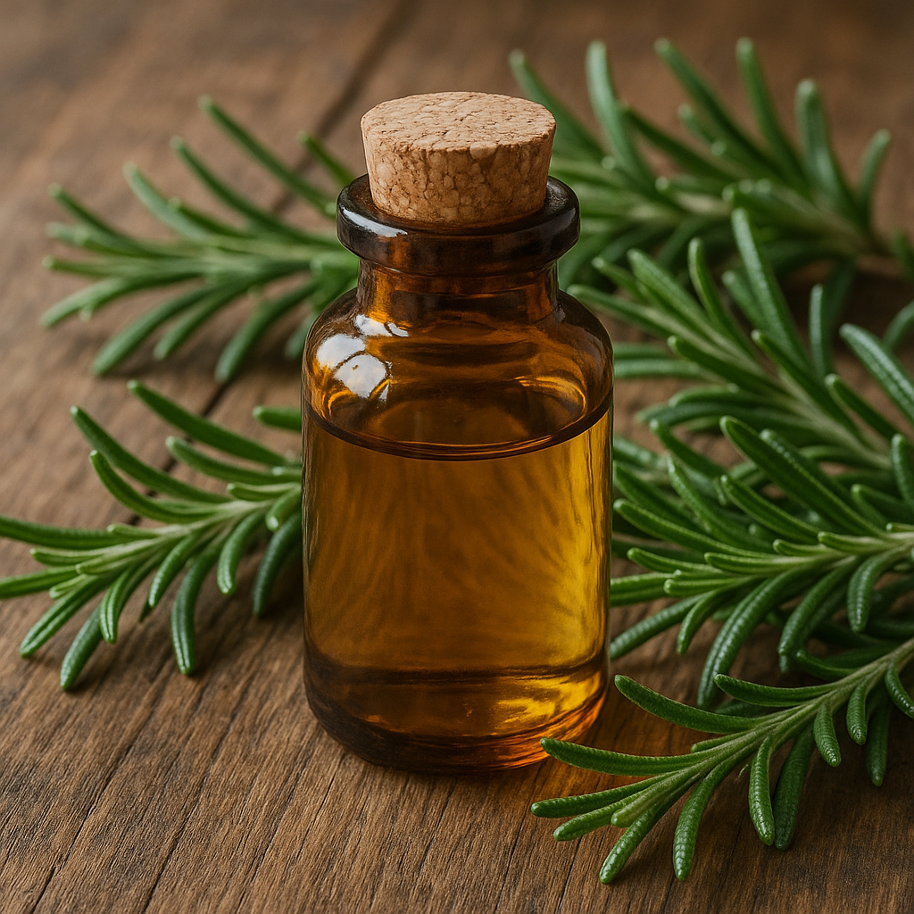 Flasche ätherisches Rosmarin-Cineol-Öl auf Holzuntergrund