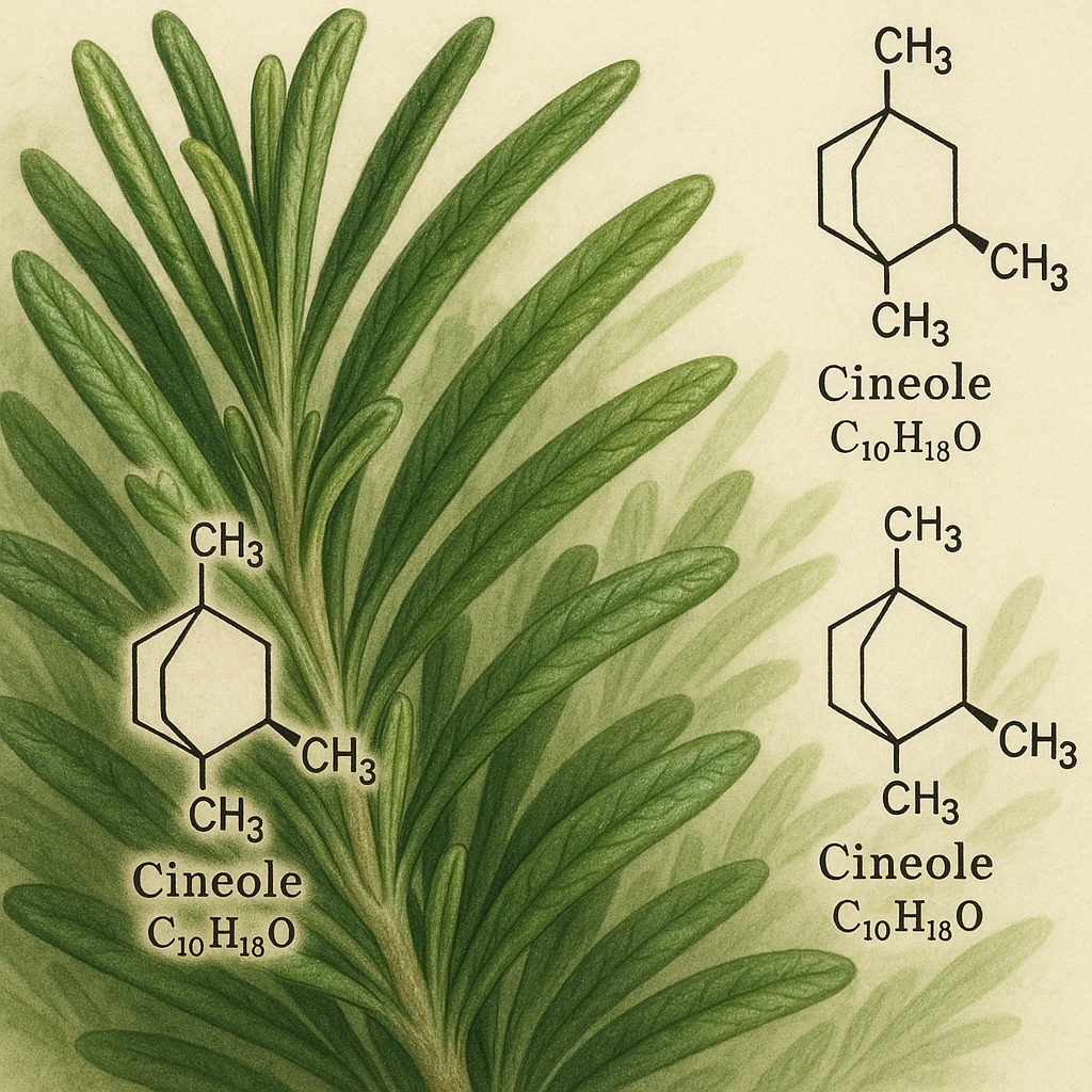 Makroaufnahme von Rosmarinblättern, die die chemische Zusammensetzung des Rosmarins &agrave; cineol veranschaulichen