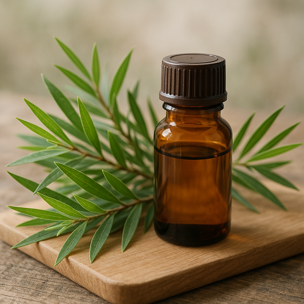 Fläschchen ätherisches Teebaumöl umgeben von Melaleuca-Blättern