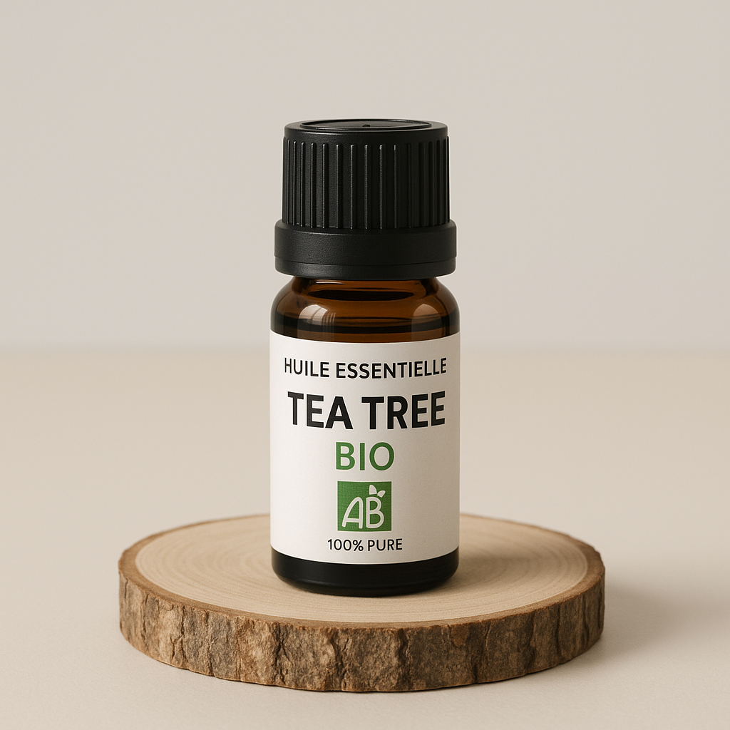 Flasche ätherisches Teebaumöl mit Bio-Etikett und Tropfen auf einem Holzuntergrund