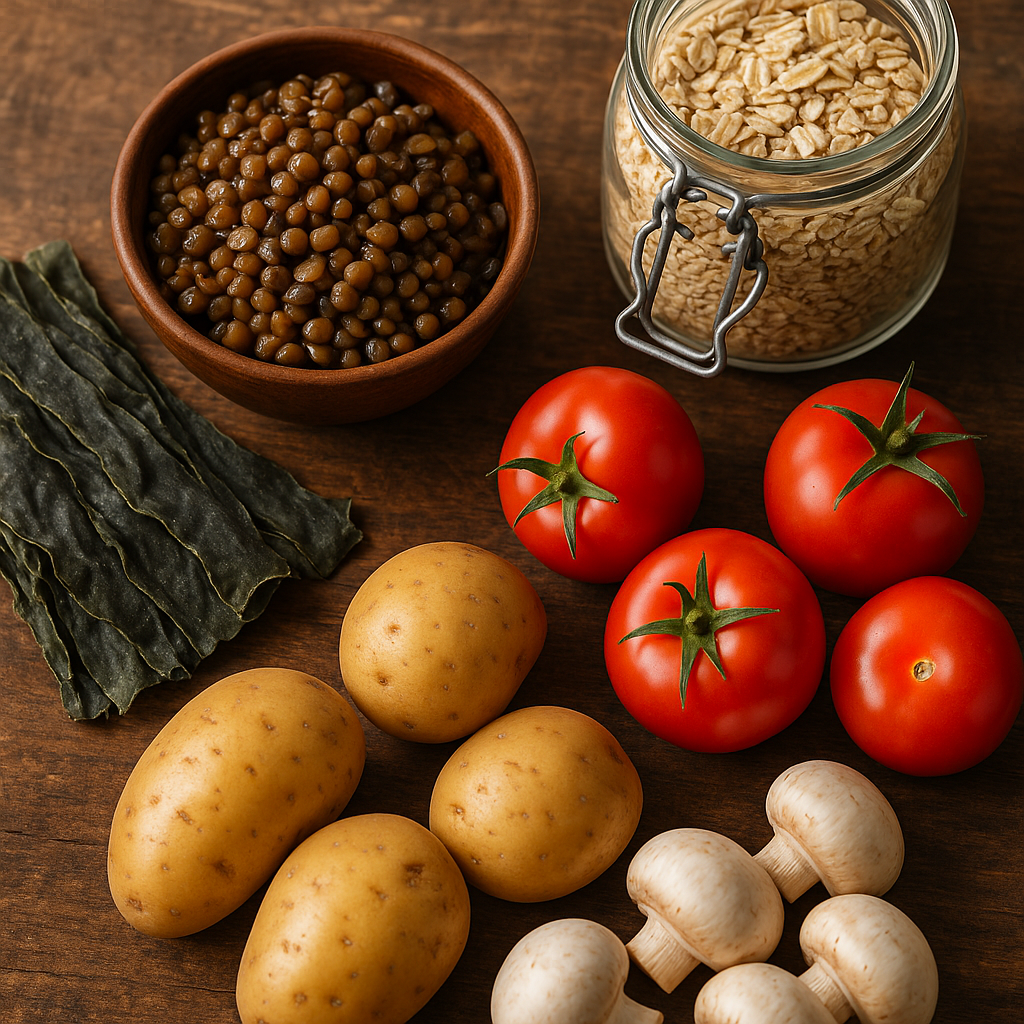 Assortiment d'aliments riches en lithium : algues, lentilles, avoine, champignons