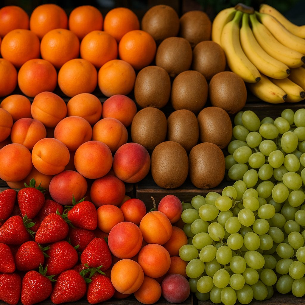 Sélection de fruits en E frais sur un étal