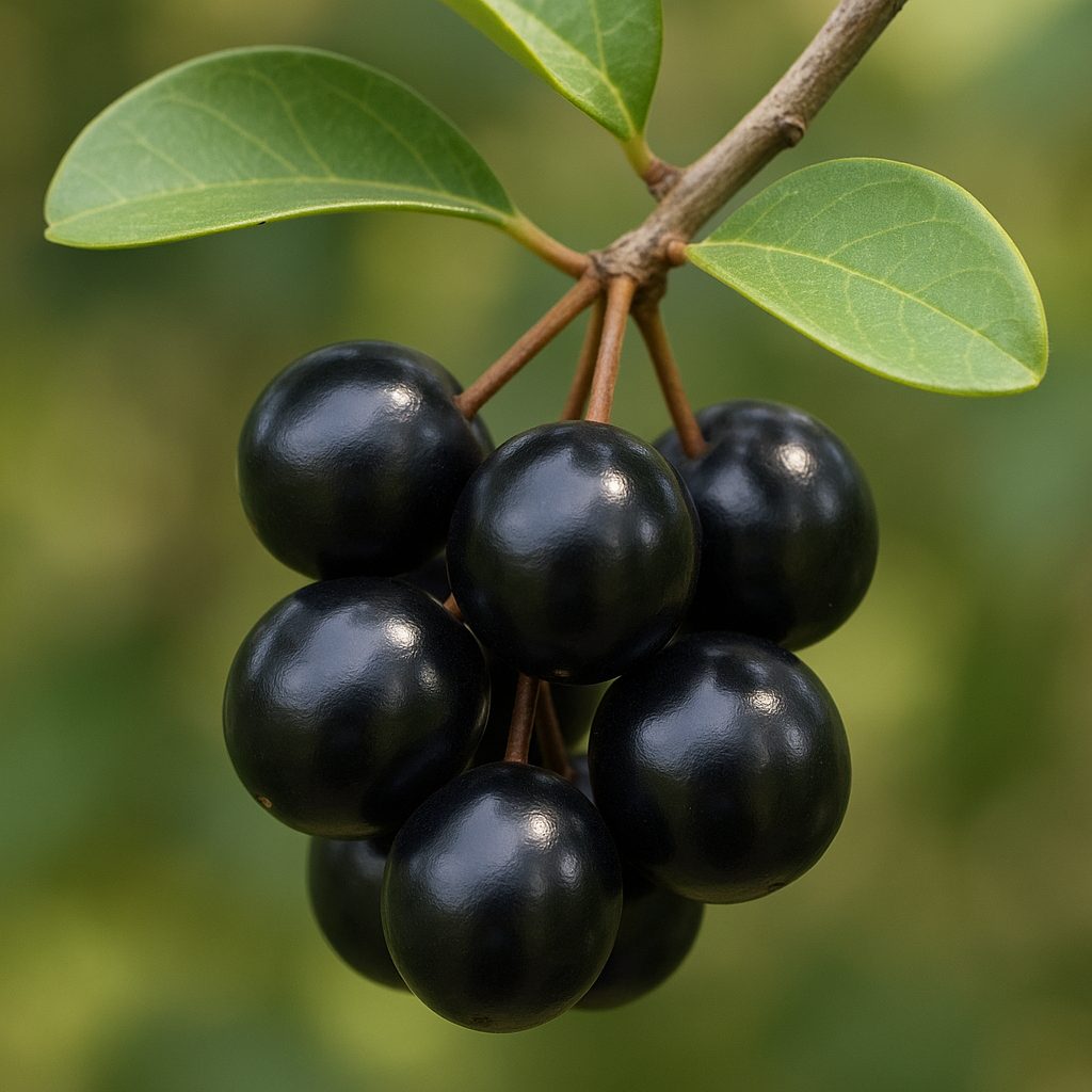 Grappe d'icaques noirs brillants posée sur une branche