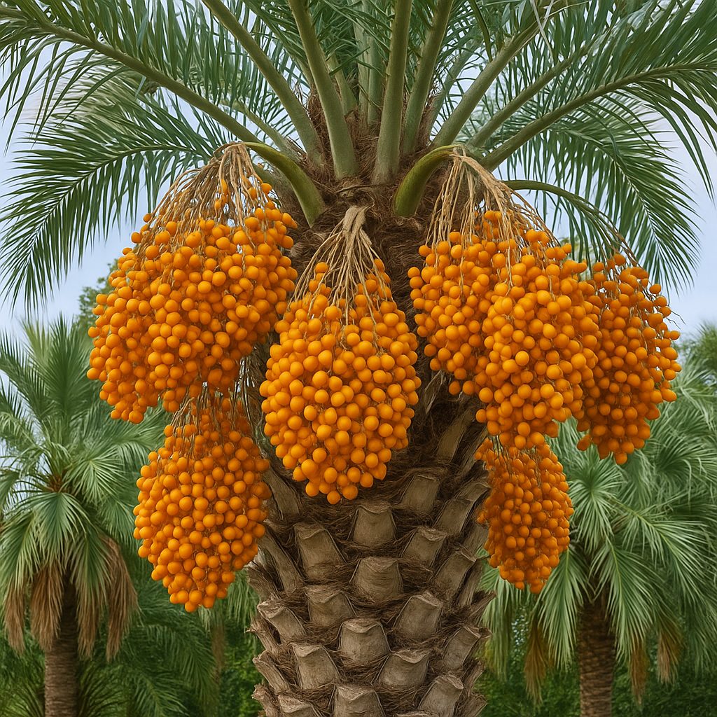 Grappe de fruits d'ita palm orange vif sur branche
