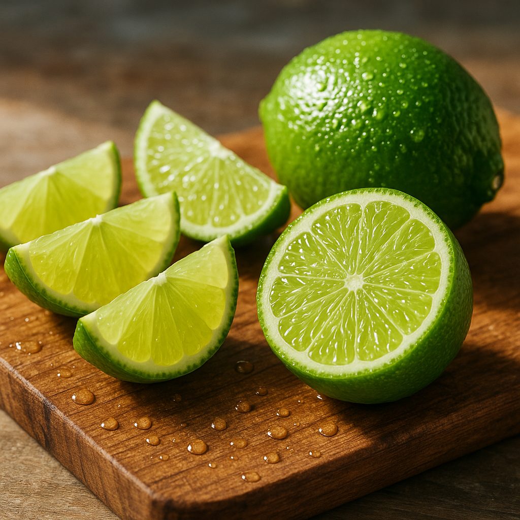Limes tranchées fraîches sur planche en bois