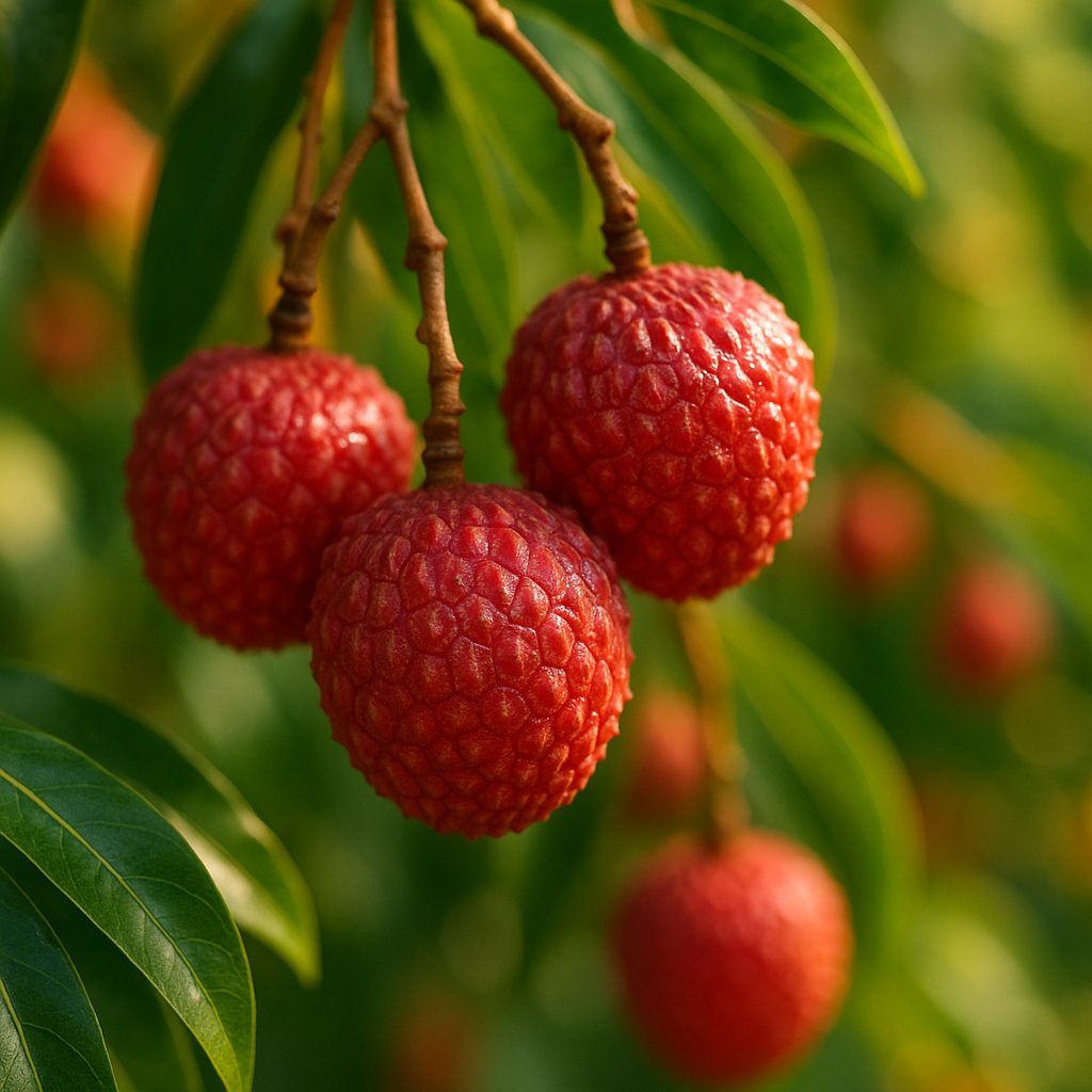 Gros plan de litchis mûrs sur branche