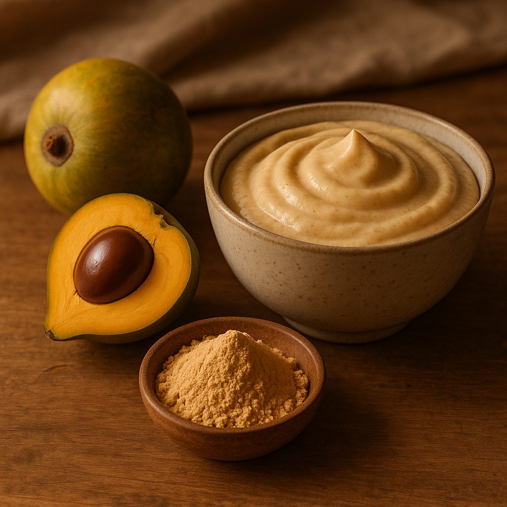 Fruit de lucuma et poudre de lucuma près d'un dessert