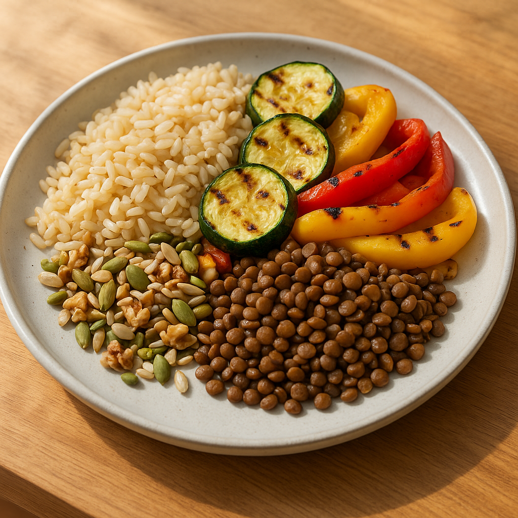 Assiette équilibrée avec céréales complètes, légumes, légumineuses et noix