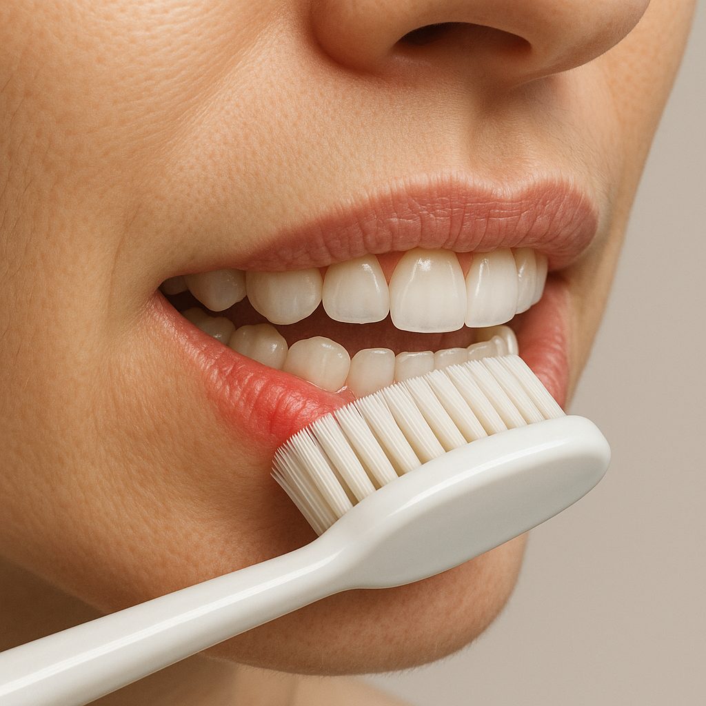 Personne brossant ses dents avec une brosse souple pour pr&eacute;venir la gingivite