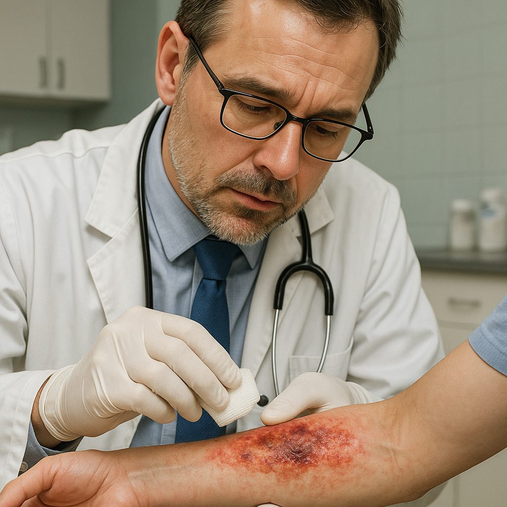 Mains de m&eacute;decin nettoyant une br&ucirc;lure sur le bras d'un patient