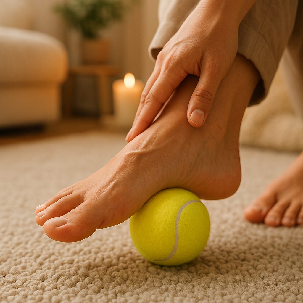 Person massaging their feet with a ball
