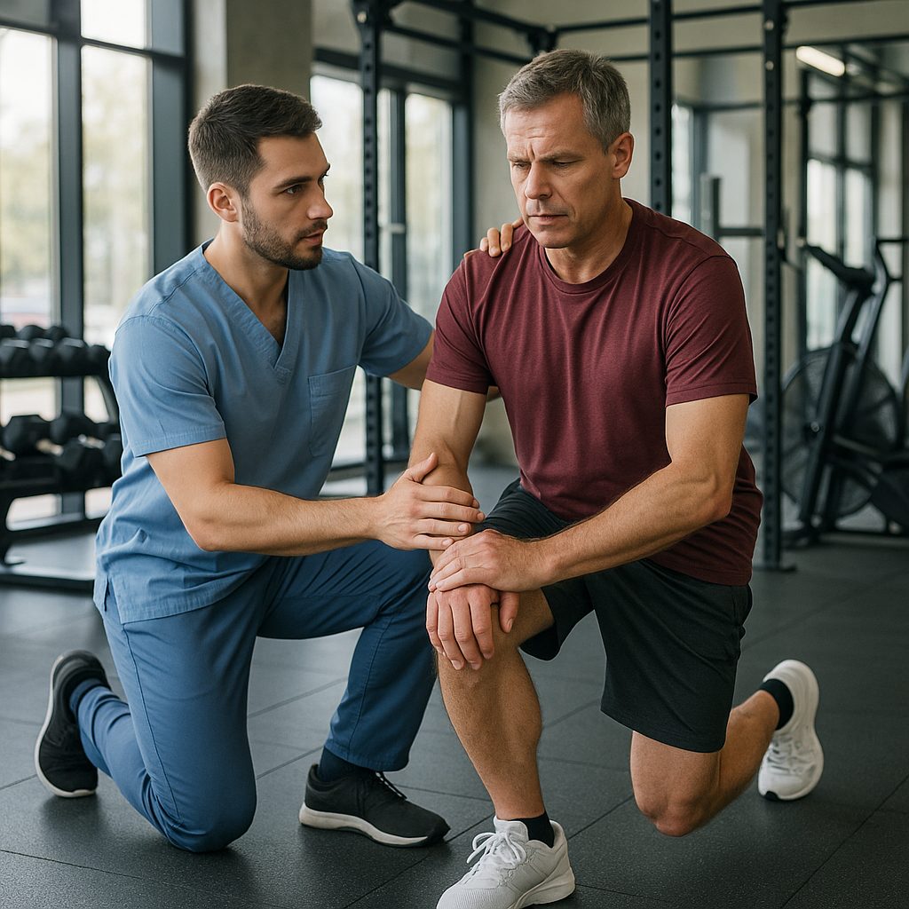 Kin&eacute;sith&eacute;rapeute guidant un patient lors d&rsquo;exercices de r&eacute;&eacute;ducation musculaire