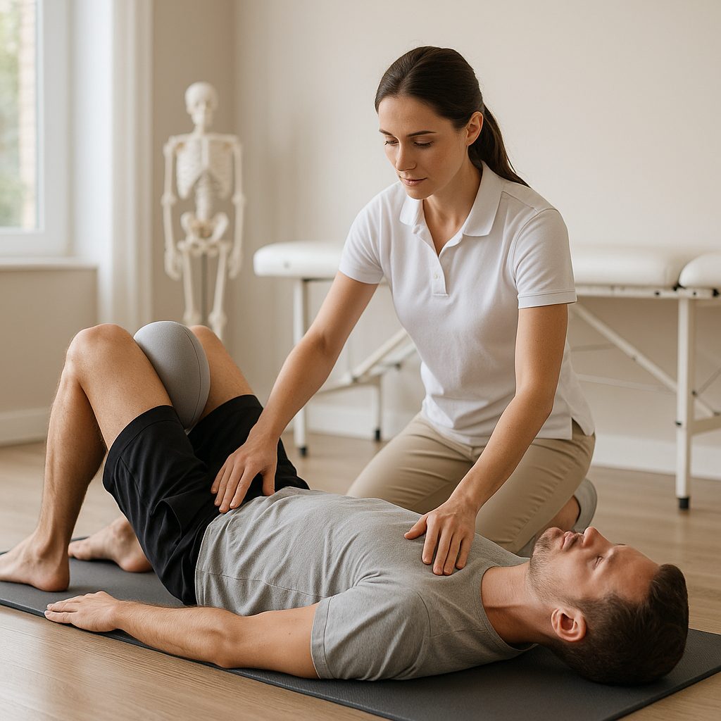 Rehabilitation session for pubalgia: patient performing strengthening exercises for deep abdominals and adductors