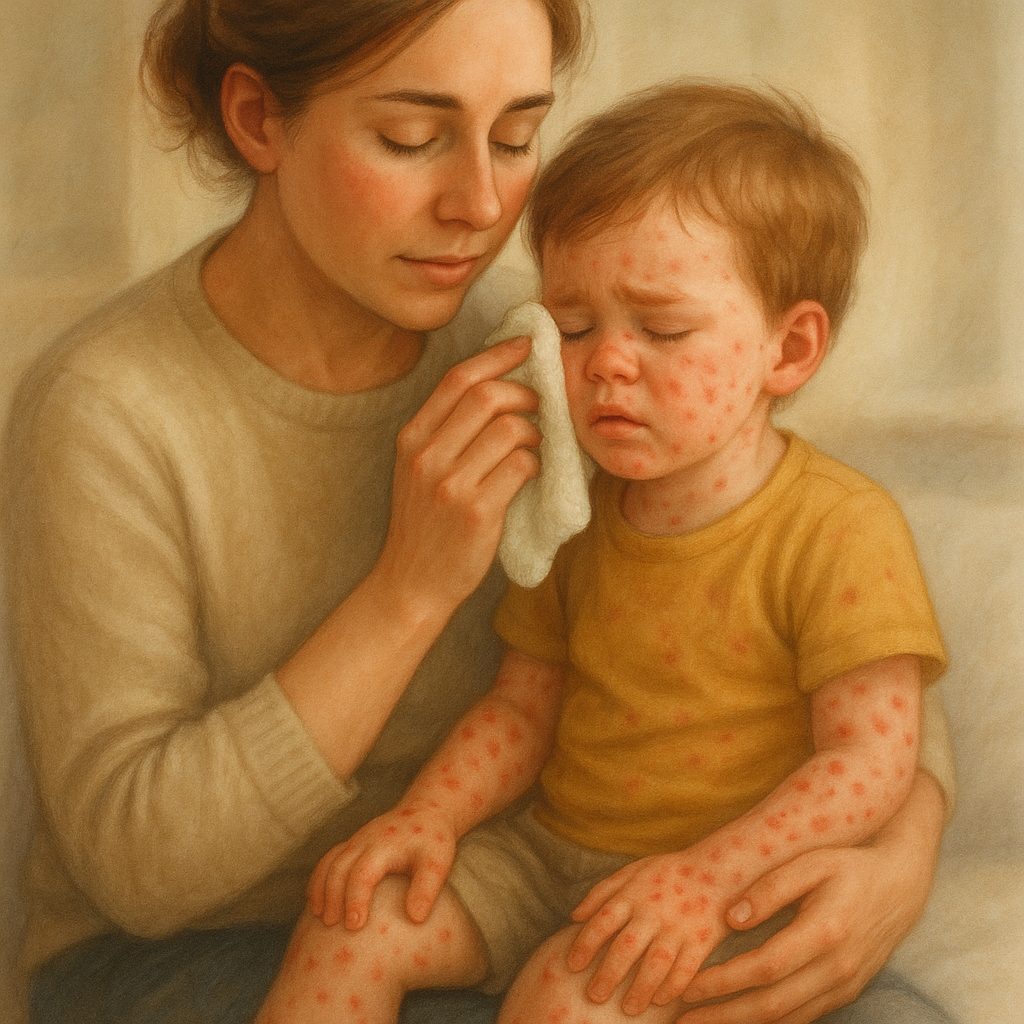Parent soothing a child with hand-foot-and-mouth disease