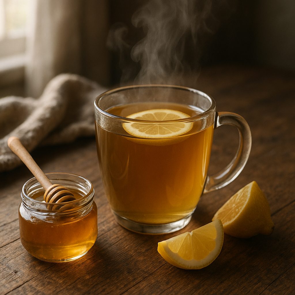 Cup of honey and lemon herbal tea to soothe sore throat