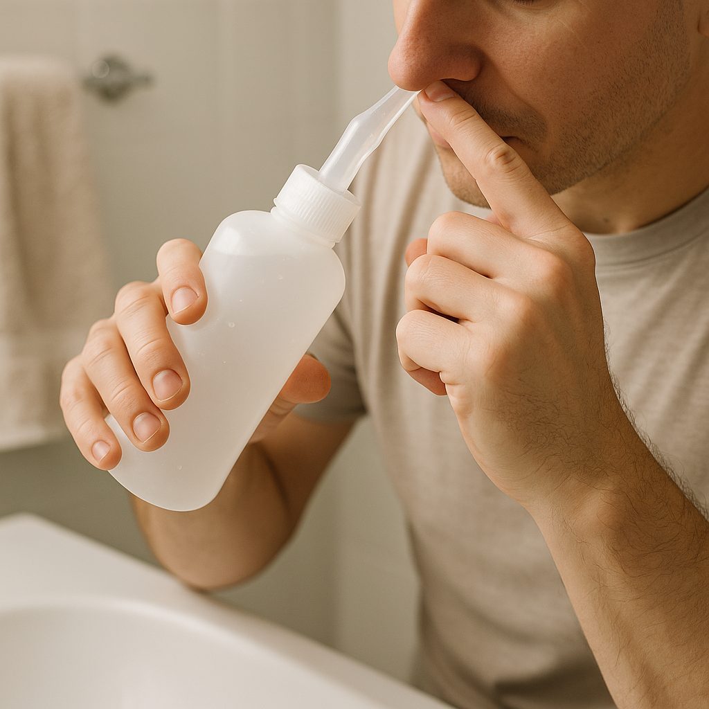 Personne effectuant un lavage nasal avec une solution saline