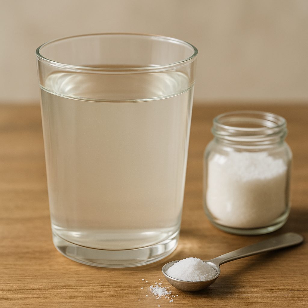 Verre de solution de r&eacute;hydratation avec une cuill&egrave;re et un petit pot de sel