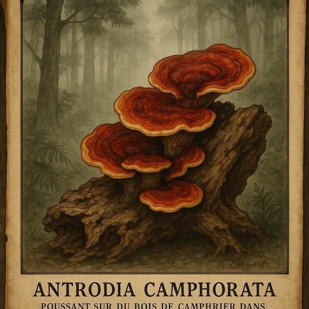 Antrodia camphorata sobre un tronco de alcanforero en Taiwán
