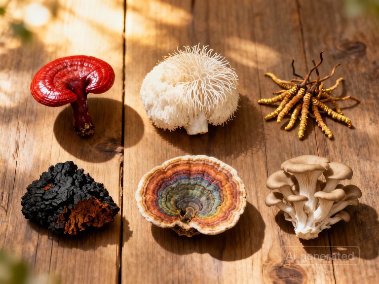 Collection de six champignons médicinaux adaptogènes colorés et texturés arrangés sur une surface en bois naturel