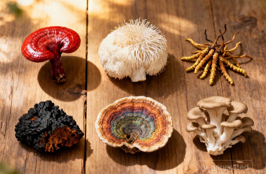 Collection de six champignons médicinaux adaptogènes colorés et texturés arrangés sur une surface en bois naturel