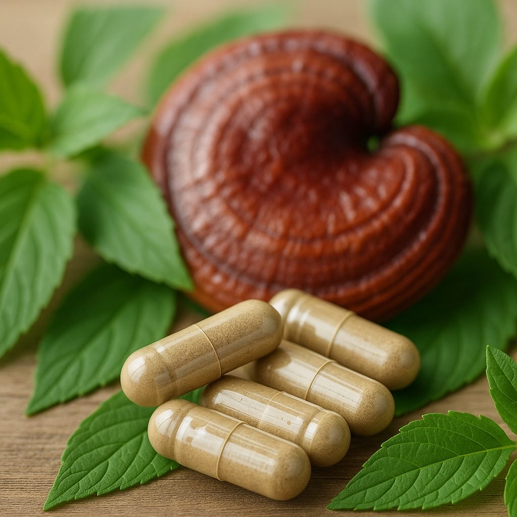 Cápsulas de Reishi rodeadas de hojas verdes