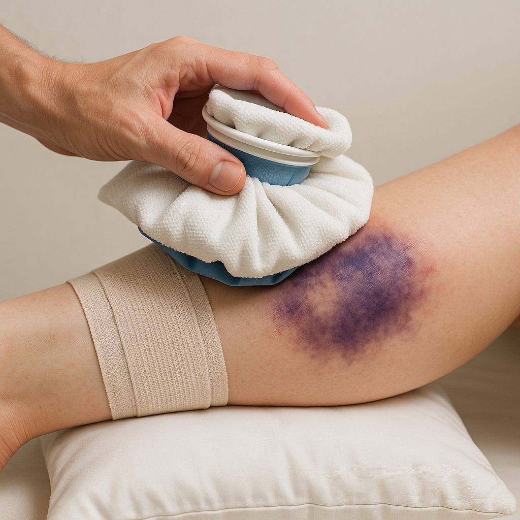 Soins d'un hématome : glace, compression et élévation